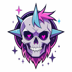 Epic Anime Skull Vector T-Shirt Design, Glitch Aesthetic, Starry Shimmer, Crisp White Background