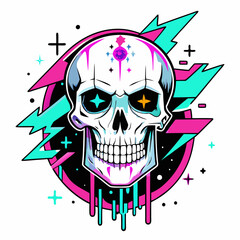 Epic Anime Skull Vector T-Shirt Design, Glitch Aesthetic, Starry Shimmer, Crisp White Background