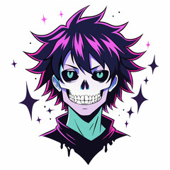 Epic Anime Skull Vector T-Shirt Design, Glitch Aesthetic, Starry Shimmer, Crisp White Background