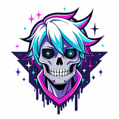 Epic Anime Skull Vector T-Shirt Design, Glitch Aesthetic, Starry Shimmer, Crisp White Background