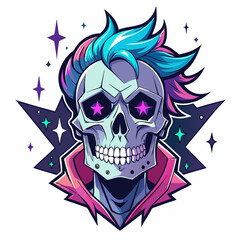 Epic Anime Skull Vector T-Shirt Design, Glitch Aesthetic, Starry Shimmer, Crisp White Background