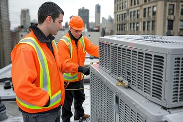 Fototapeta premium Two electricians wearing safety jackets inspecting an air conditioning unit on a building rooftop.