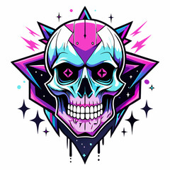 Epic Anime Skull Vector T-Shirt Design, Glitch Aesthetic, Starry Shimmer, Crisp White Background