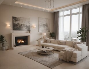 A living room with a fireplace, a couch, and a potted plant
