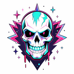 Epic Anime Skull Vector T-Shirt Design, Glitch Aesthetic, Starry Shimmer, Crisp White Background