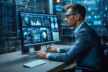 Obraz premium Analyzing Business Analytics KPI Data through Computer Dashboard
