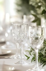 elegant table setting with crystal wine glasses, green leafy napkins, and gold cutlery for a wedding event