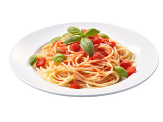 a plate of spaghetti with sauce and basil leaves