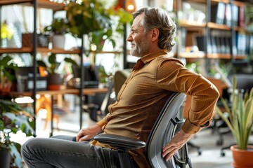 Fototapeta premium Man Sitting in Office with Bad Posture Experiencing Back Pain