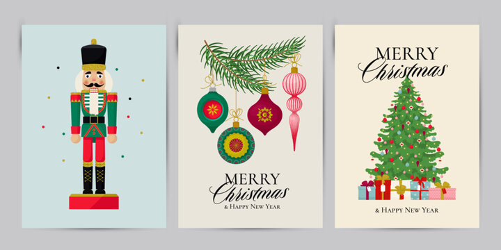 Christmas greeting cards with Christmas Nutcracker toy soldier, Christmas Balls, and decorated Christmas tree. Vector