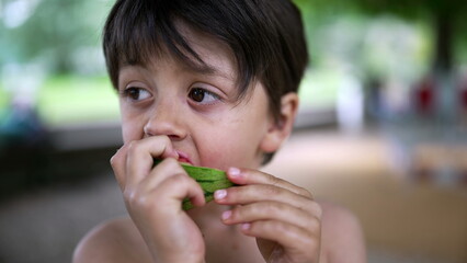 Fototapeta premium Boy savoring watermelon slice on a warm day, park setting, casual summer moment, natural backdrop, childhood joy, fresh fruit snack, healthy eating, happy and relaxed, playful expression
