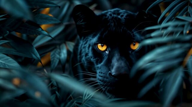 A majestic black panther cautiously observes its surroundings in a lush, dark green jungle.