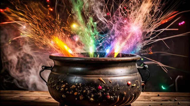 Colorful sparks and magical fumes erupting from a black cauldron, evoking a sense of magic and Halloween mischief. Ideal for Halloween decorations, magic themes, and fantasy concepts