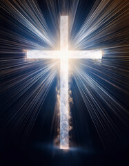 cross with rays of light and smoke coming out of it, christian religion concept