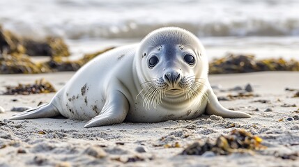 A baby grey seal pup lies on a sandy beach, looking directly at the camera. The pup is light grey in color with dark eyes. 