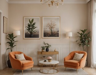 A living room with two orange chairs, a coffee table, and a potted plant