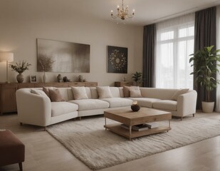 Fototapeta premium A living room with a white couch, a coffee table, and a potted plant