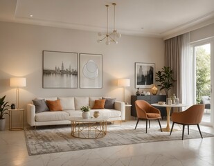 Fototapeta premium A living room with a white couch, a coffee table, and a few chairs