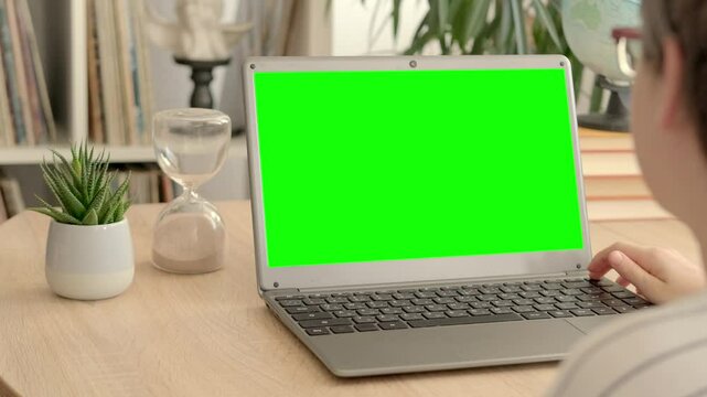 smart child, schoolboy playing with computer, developing brain games, monitor with empty green screen mockup, digital age, cyber education, concept childhood, child development, self-education