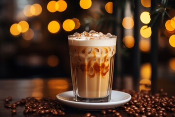 Iced Caramel Latte with Coffee Beans - Delicious Coffee Drink