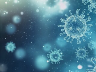 Microscopic view of viruses floating in a blue abstract background during a scientific study