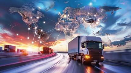 Trucks on a highway with a digital world map overlay, representing global logistics, transportation, and international trade connections