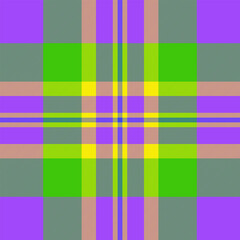 Decor check tartan background, other vector texture plaid. Colorful fabric seamless textile pattern in violet and green colors.