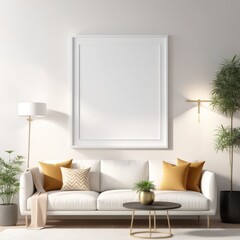 close up white poster frame in modern home interior with light colored paper texture wall, wall mockup, 3d rendering