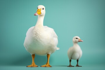 Obraz premium Mother duck one baby against teal background white adult image