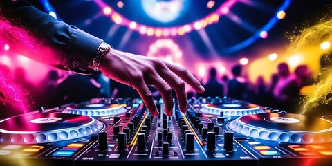 DJ mixing Console and Men DJ playing It in Night club party, Concert background with colorful neon lights