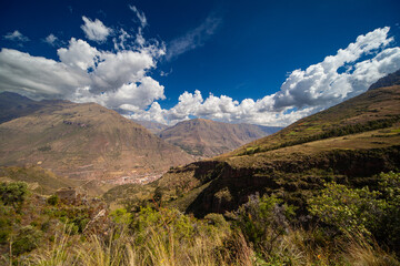 Spectacular View of Sacred Valley in Andes Mountains near town Pisac, Dramatic Sunny Summer Day,...