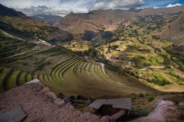 Ancient agricultural terraces and Inca ruins of Pisac town near Cusco, Andes Sacred Valley Spectacular View, Peru,
