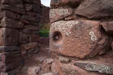 Ideal Drilled Hole in the Wall of the Incas Temple Ruins, Example of Aincient Craftsmanship, Pisac Town Peru