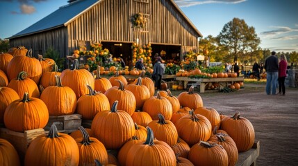Rustic farm with pumpkins and fall decorations during golden hour