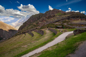 Ancient agricultural Inca terraces of Pisac town near Cusco, Andes Sacred Valley, Peru