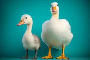 Mother duck one baby against teal background white adult picture