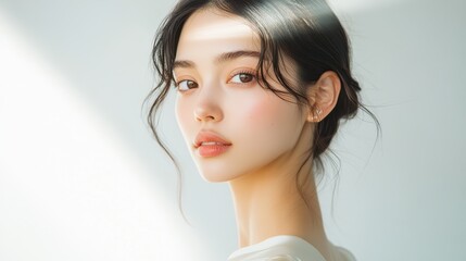 Futuristic Japanese Fashion Model in Stylish Modern Wear Stands Confidently with Double Exposure Light Rays on White Wall Backdrop