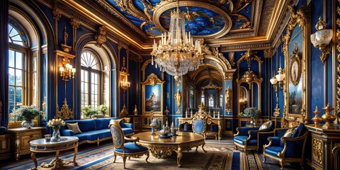 Obraz premium A masterpiece of opulence, layers of deep blue and gold swirl together in a lavish dance of artistry, exuding an air of refined sophistication.