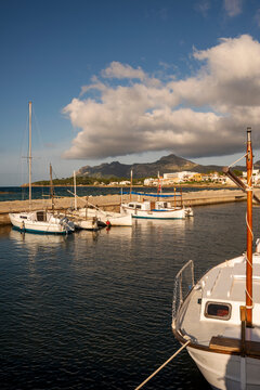 Traditional Majorcan Llaut fishing boats moored in the harbour, Es Barcares, Alcudia, Majorca, Balearic Islands, Spain