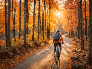 Fototapeta premium Sunset Ride: Adventurous Woman Cycling through Autumn Forest. Colorful landscape with sporty girl with backpack riding a mountain bike, dirt road, trees with orange leaves in fall. generative AI