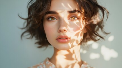 Fototapeta premium Ethereal Roma Fashion Model in Double Exposure with Abstract Sunlight Patterns on Light Gray Wall