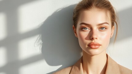 Baltic Fashion Silhouette: Serene Latvian Model in Modern Attire with Soft Sunlight Shadows on Gray Wall