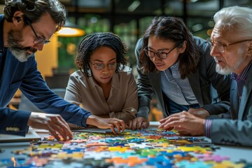 Fototapeta premium Colorful Businesspeople Working Together to Solve Jigsaw Puzzle in Office