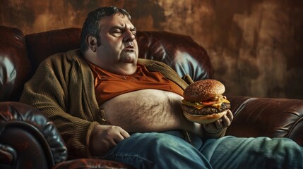 An overweight man sits on a couch holding a cheeseburger.