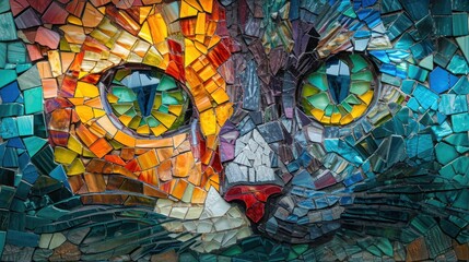 A colorful mosaic of a cat's face made up of various sized and shaped pieces of stained glass.