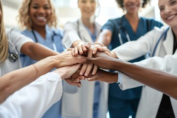 Doctor Stacking Hands Together in Hospital from Low Angle View