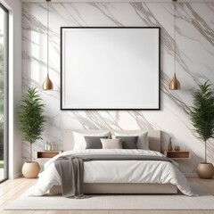 white poster frame close up in modern house interior with light colored marble textured wall, wall mockup, 3d rendering