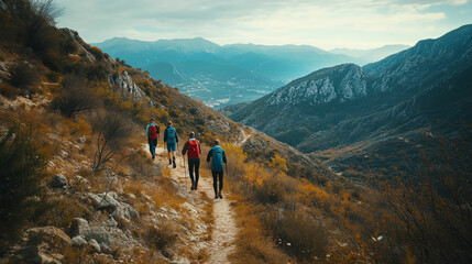 Obraz premium Friends Enjoying a Mountain Hike on a Scenic Trail With Stunning Views