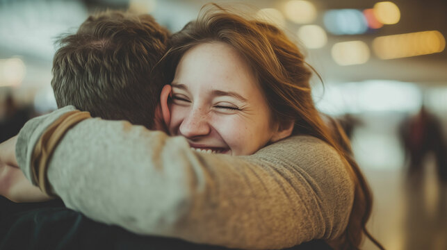 Heartfelt Reunion of Friends Embracing at the Airport During Arrival