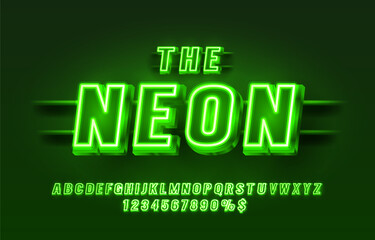 Neon city color green font. English alphabet and numbers sign. Vector illustration